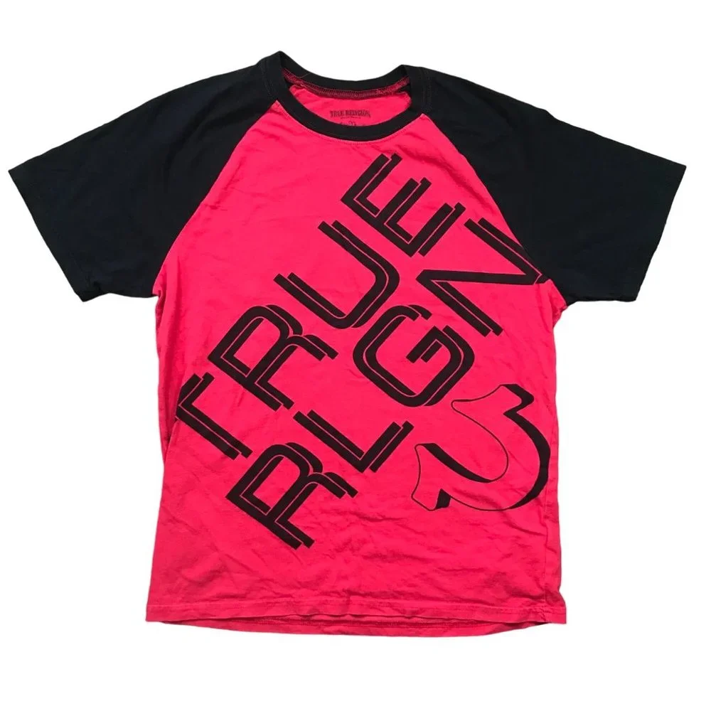True Religion Mens TRUE DIAG Raglan Tee Short Sleeve Red Black 100% Cotton Large
